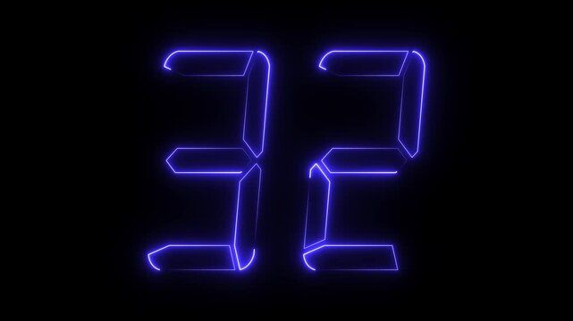 Glowing Blue Neon Number 32 on Black Background Digital Display neon sign blue light