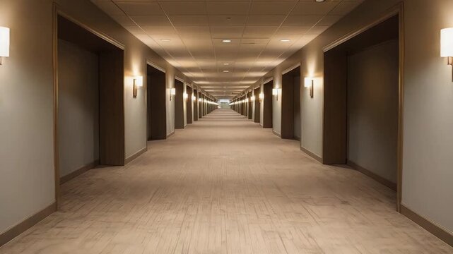 Endless hotel hallway featuring a receding perspective of closed doors, illuminated by warm wall sconces and overhead recessed lights, creating a sense of quiet passage and modern interior design