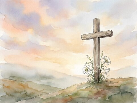 A wooden cross is placed on a hill. White flowers grow around the base. The sky shows colors of orange, pink, and blue during the time of sunset