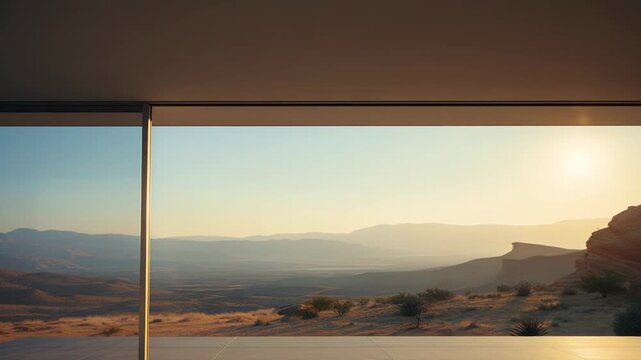 Minimalist modern interior with a floor to ceiling glass wall opening to a serene desert panorama, mountains glowing in warm sunrise light and spacious, tranquil views