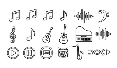 Friendly Title
Outline music icon set with musical notes clefs instruments and media control buttons vector illustration