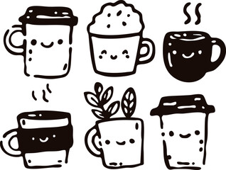 Cute Coffee Cup Doodle Set in Black and White Hand-Drawn Style