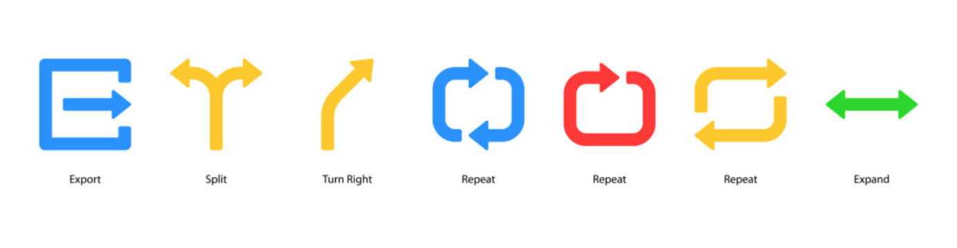 Workflow and Routing web banner vector illustration featuring Export, Split, Turn Right, Repeat, Repeat, Repeat, and Expand, representing workflow, process cycles, and data routing.