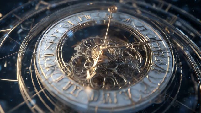 Intricate clock mechanism with celestial background showcasing time and craftsmanship in detail