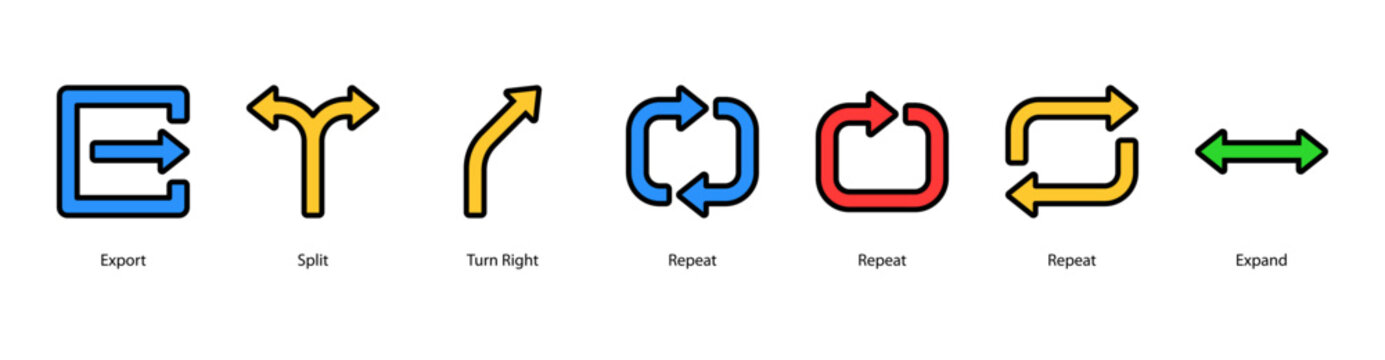 Workflow and Routing web banner vector illustration featuring Export, Split, Turn Right, Repeat, Repeat, Repeat, and Expand, representing workflow, process cycles, and data routing.