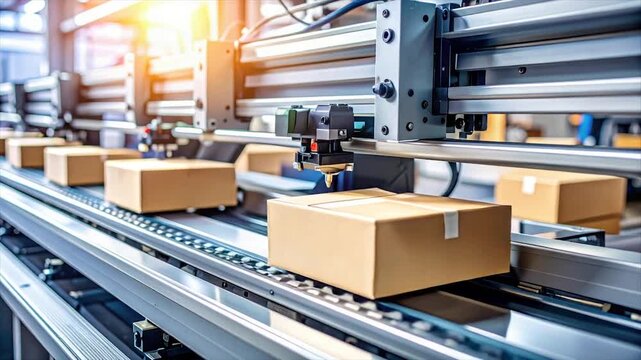 Factory conveyor system with packages moving, highlighting automation and logistics