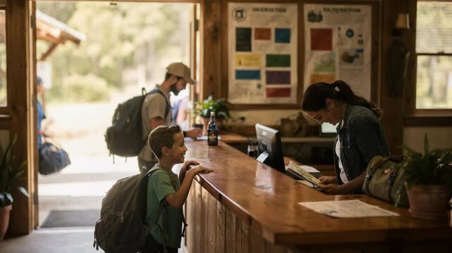 Camp registration desk in sharp focus featuring a friendly staff member handing out maps with families entering and orientation information boards gently out of focus.
