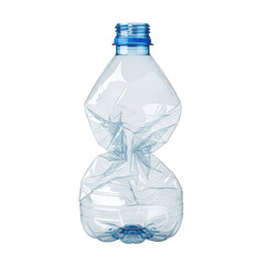 Crushed plastic water bottle with blue cap isolated on transparent background