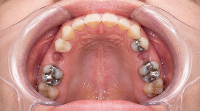 Human mouth showing upper teeth with dental fillings and retractor for dental examination and treatment in a clinical setting