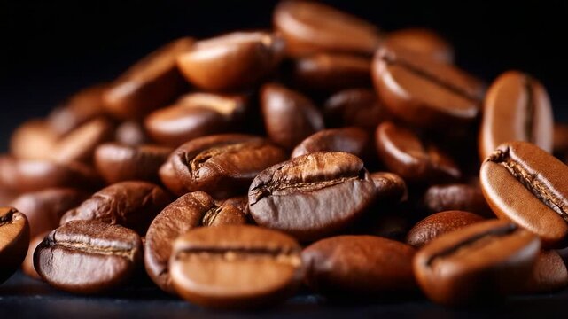 A Rich Collection of Dark Roasted Coffee Beans Piled Together, Highlighting Their Glossy Surface and Distinctive Features in a Beautiful Close-Up Shot