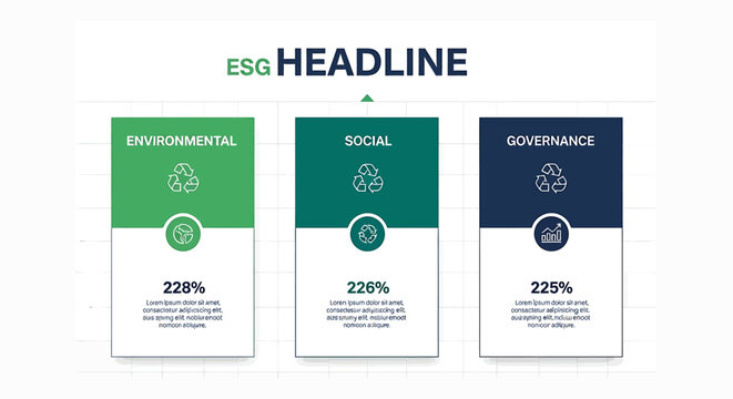 ESG Headline presentation slide with three pillars: Environmental, Social, and Governance, showing icons and percentages.