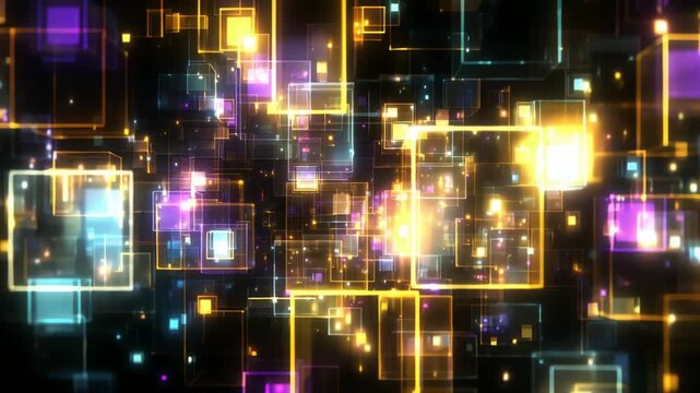 Colorful abstract light patterns with glowing squares and circles creating a vibrant digital atmosphere