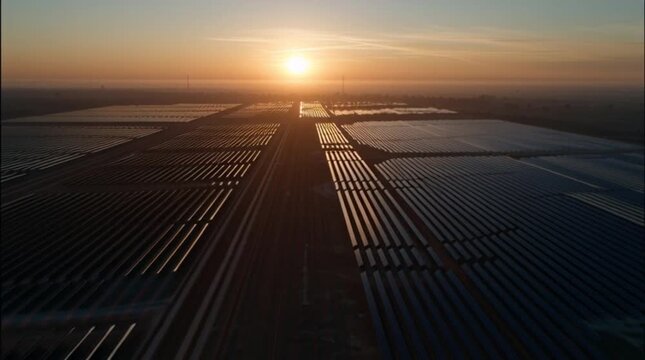 Aerial view of a vast solar power plant at sunrise, with photovoltaic panels stretching to the horizon, symbolizing sustainable energy and green technology development