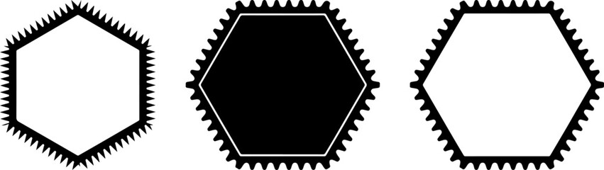  Hexagon postage stamp frames, serrated edge seal borders, and geometric label templates for certificates and stickers.