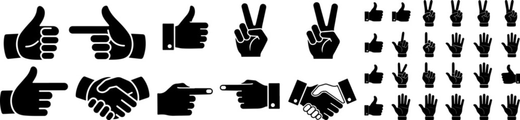 Obraz premium Collection of hand gestures icons, thumbs up, pointing finger, handshake, and peace sign for communication and success. Keywords: