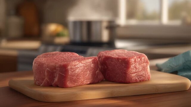 Fresh raw beef filet mignon steaks on wooden cutting board in modern kitchen setting