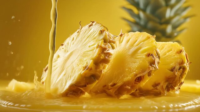 Fresh juicy pineapple slices splashing in vibrant yellow tropical juice on bright background