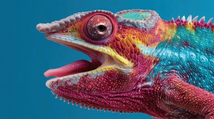 Fototapeta premium Close up of a colorful chameleon with its mouth open on a transparent background