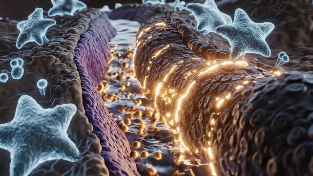 Dopamine molecules crossing the synaptic cleft toward receptors on a postsynaptic neuron. As each receptor activates, soft waves of warm light pulse across the neuron&rsquo;s surface