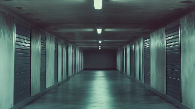 Empty dark corridor creating a sense of solitude and mystery, featuring a long row of storage units with dim overhead lights casting reflections on the floor
