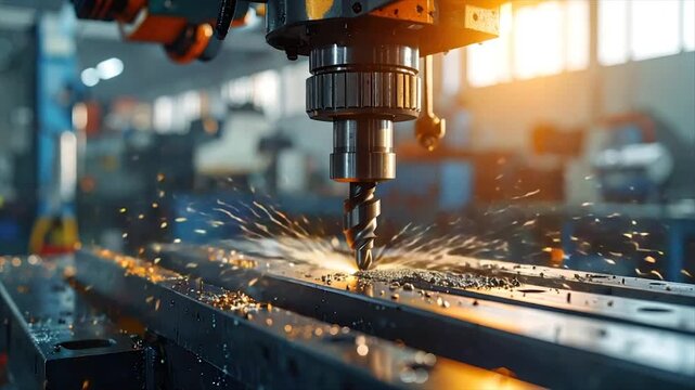 A drill machine bores into metal, creating sparks and debris in an industrial setting