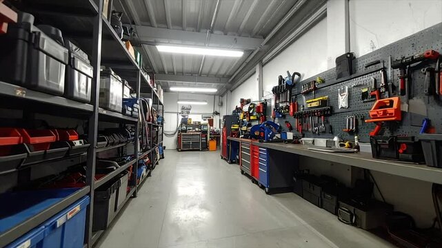 Workshop interior with tools and shelves, well-lit, organized, and tidy