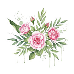 Fototapeta premium Beautiful pink roses bouquet with green leaves isolated on transparent background