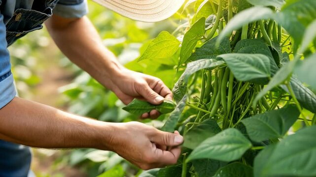 Farmer harvesting green beans in a sunlit field, showcasing agricultural practices and nature