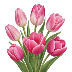 Obraz premium Vibrant pink tulips bouquet with green leaves isolated on transparent background