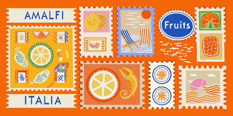 Colorful amalfi italy postage stamps with fruits crabs and beach scenes © Ratan