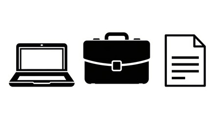 Business tools: Laptop, briefcase, document icon set. Work concept