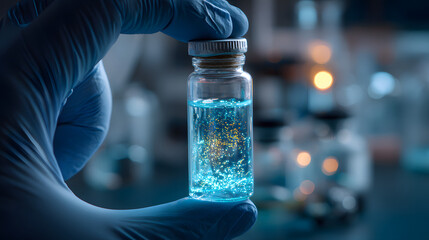 Gloved Hand Holding Glass Vial with Fluorescent Liquid in Laboratory Setting with Blurred Background