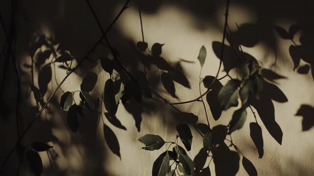 Green foliage with strong dark shadows creating a natural, aesthetic pattern on a subtly textured beige wall, highlighting organic shapes and the interplay of light and shade at dusk