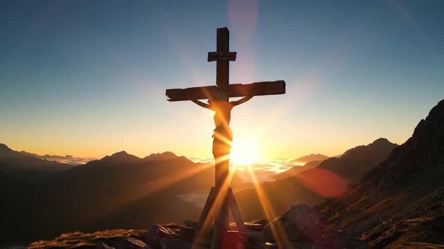 Silhouette of a crucifix on a mountain summit at sunrise. Jesus Christ on the cross against a golden sky. Faith, hope, and resurrection concept