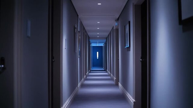 Empty hotel corridor extending into the distance, with symmetrical walls, doors, and a dimly lit carpet, creating a sense of deep perspective and quiet space