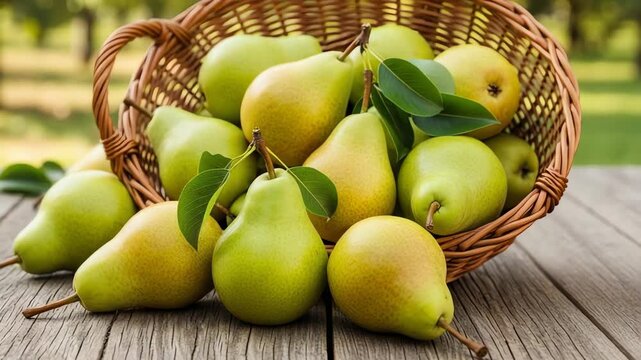 Freshly harvested green pears in a woven basket on a rustic wooden table in a sunny orchard