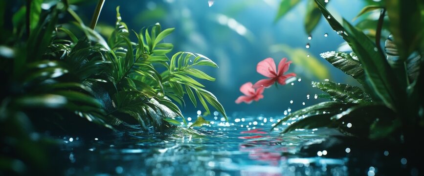 Advertising - testimonial photo of create an ultra-realistic image of a blue background with water drops and vegetation