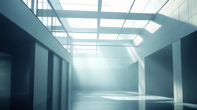 Bright light rays streaming through a geometric skylight illuminating an empty modern minimalist building corridor with smooth walls and a shiny reflective floor