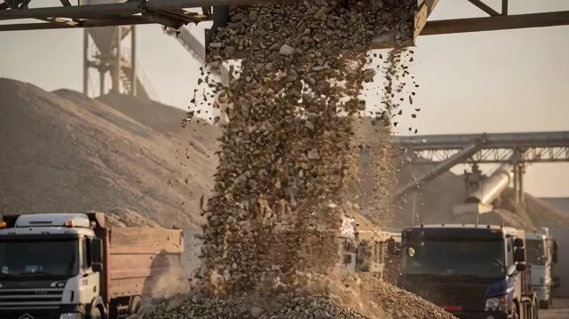 Closeup on trucks being loaded by chute with cottonseeds main focus on flowing seeds while storage piles and dust control systems fade into soft focus.