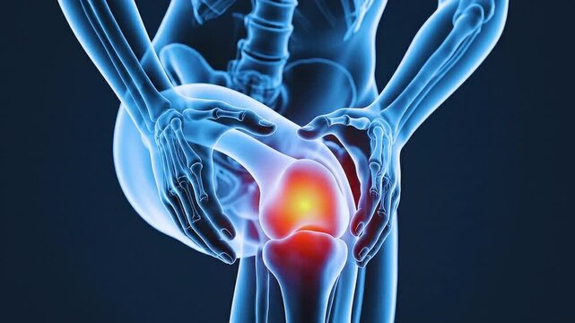 Anatomical illustration of a human knee joint with a red glow representing pain, inflammation, or injury