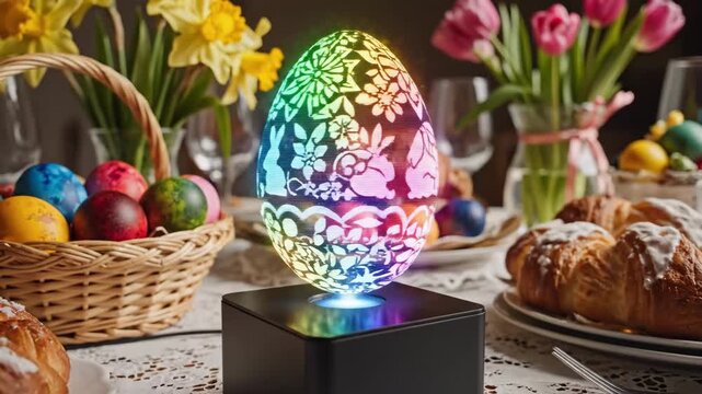 Floral Holographic Egg Glowing Beside Wicker Basket Of Painted Eggs, Handcut Silhouette Patterns, Fresh Tulips In Glass, Croissants And Pastries On Lace, Delicate Levitation And Whimsical Craft Maker.