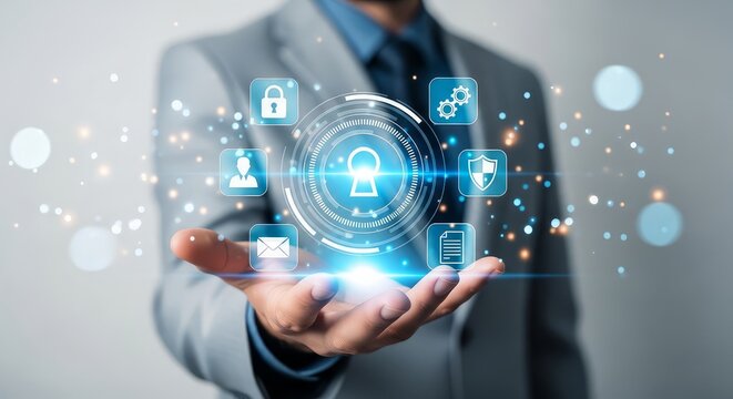 Businessman presenting digital security icons and lock symbols on his hand with glowing blue effects in a futuristic interface