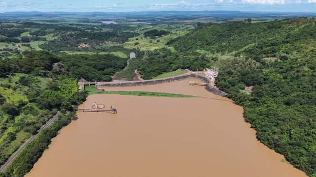 Euclides Da Cunha Reservoir Of Sao Jose Do Rio Pardo In Sao Paulo Brazil. Power Plant. Water Dam Landscape. Nature Skyline. Euclides Da Cunha Reservoir At Sao Jose Do Rio Pardo Sao Paulo Brazil.