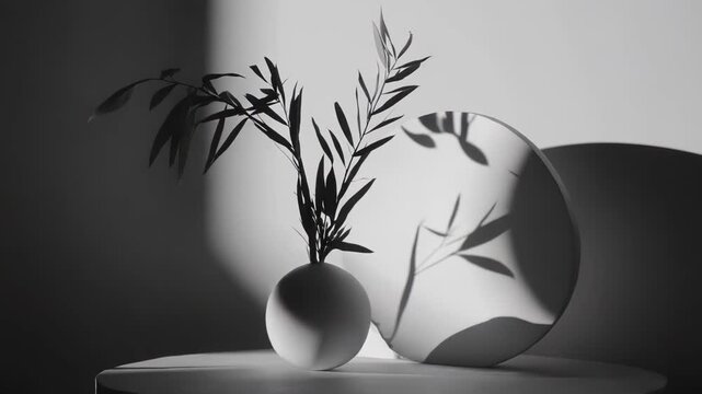Minimalist still life arrangement featuring botanical branches in a spherical vase. Creating subtle shadows and geometric patterns against a plain background. Highlighting simplicity and natural light
