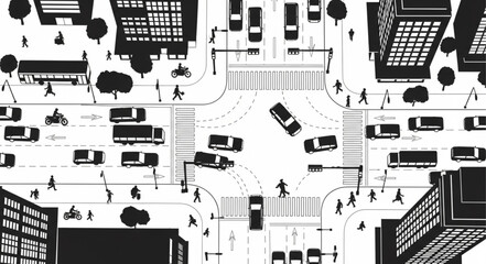Aerial view of a busy city intersection with cars and pedestrians. © intan yn