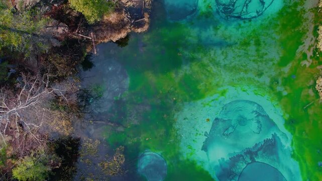 Landscape Altai blue geyser lake, mountains Altay Russia Aerial top view.