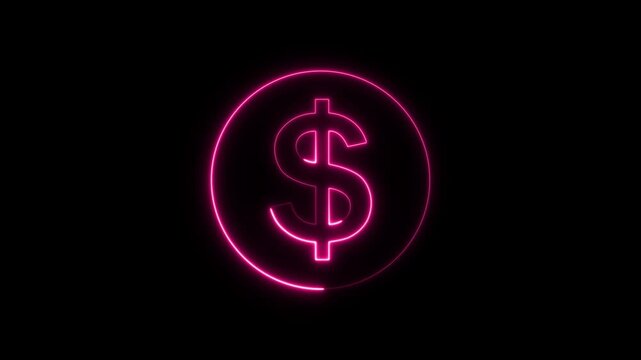 Pink Neon Dollar Sign in Circle on Glowing Neon Dollar Sign Icon in Circular Frame .Dollar text icon glowing neon 3d dollar business icon
