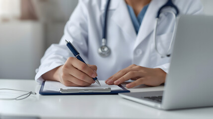 Fototapeta premium A medical professional is writing notes on a notepad while using a laptop.
