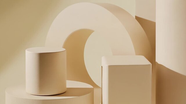 Minimalist studio scene presenting various overlapping geometric shapes and forms, providing a clean neutral backdrop for product staging and advertising
