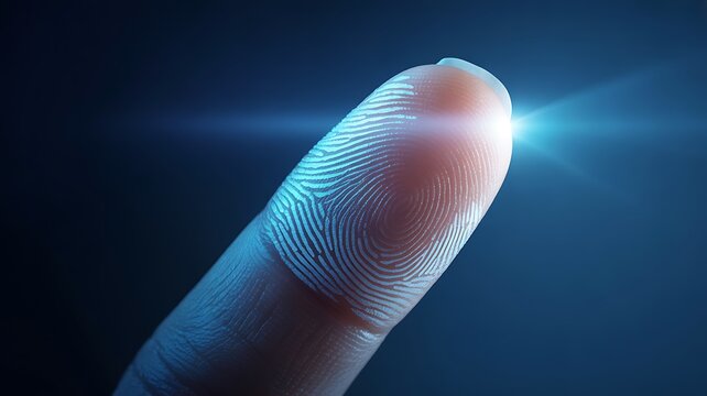 Close up macro of a human finger with glowing fingerprint in blue light